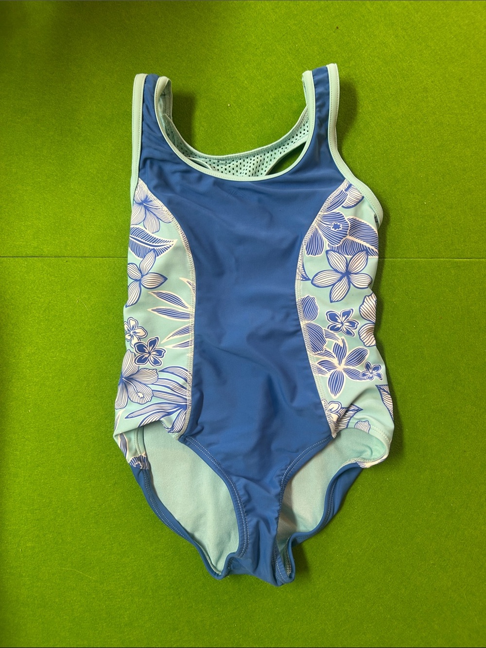 ZeroXposur Blue Floral Panel Girls' One-Piece Swimsuit Size 7/8 Thick Straps